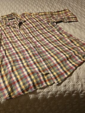 Men's Multicolor Plaid Button-Up Shirt Short Sleeve Kenneth Gordon Hand Woven